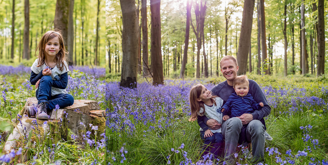 man and two children in  bluebells at golden hour 