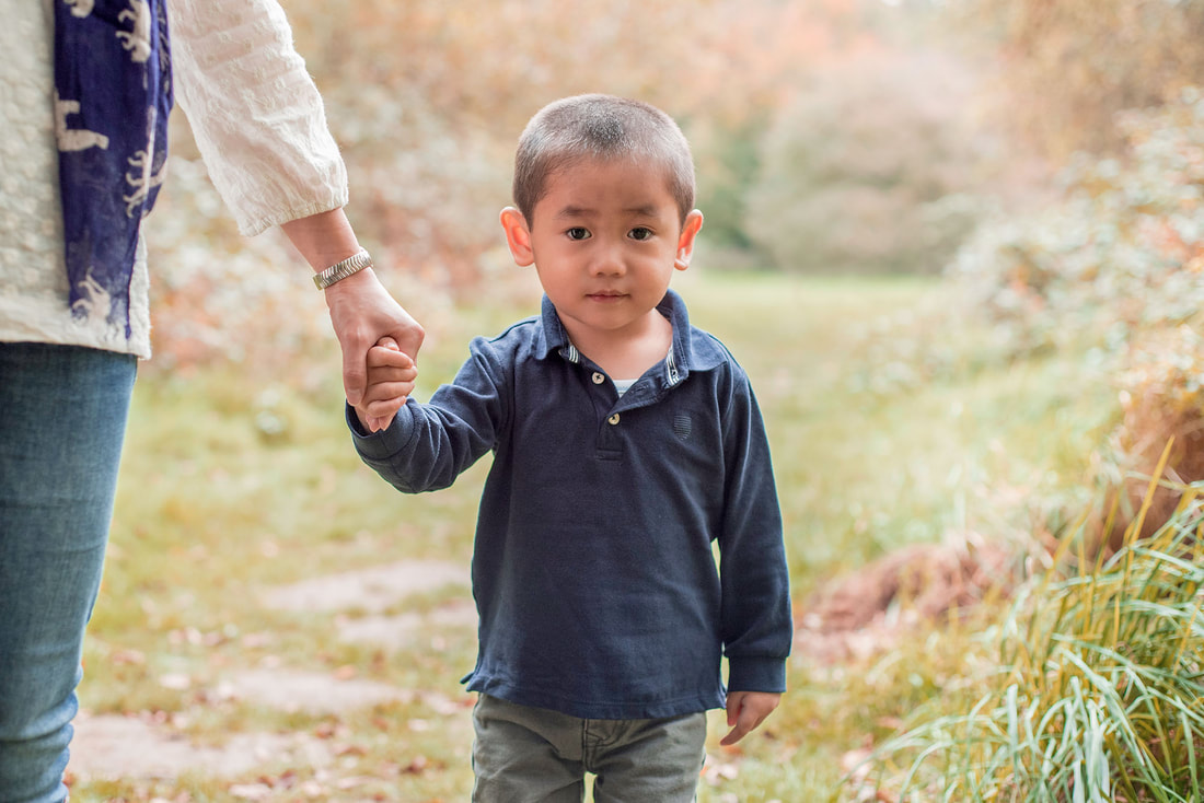 young boy holding a lady's hand whilst walking in the forest 